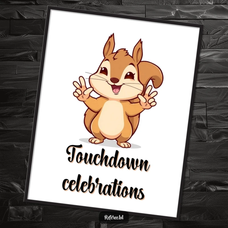 Funny digital art print of a delighted squirrel making precise hand signals for a touchdown, perfect for humorous sports-themed walls.