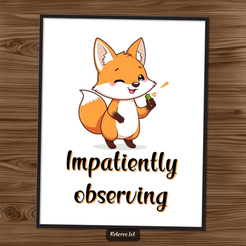 Funny digital art print of a happy fox tapping its foot, holding a whistle. Instant humorous decor.