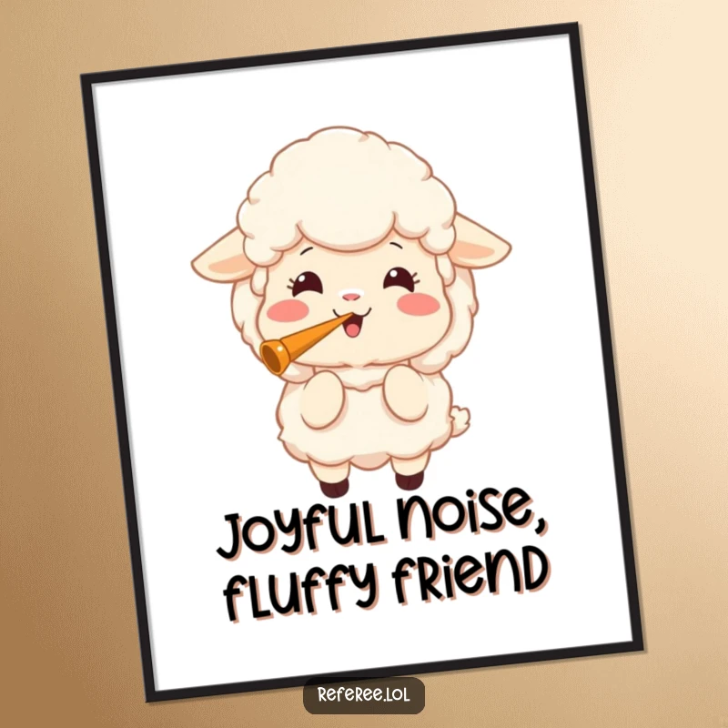 Funny digital art print of a fluffy sheep with a joyful expression, blowing a loud whistle with great enthusiasm.