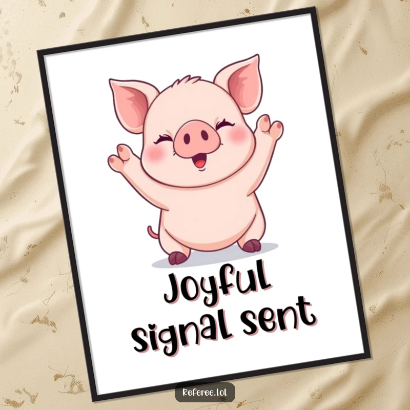 Funny giggling piglet signaling with both paws raised high on a digital art print, for instant happiness.