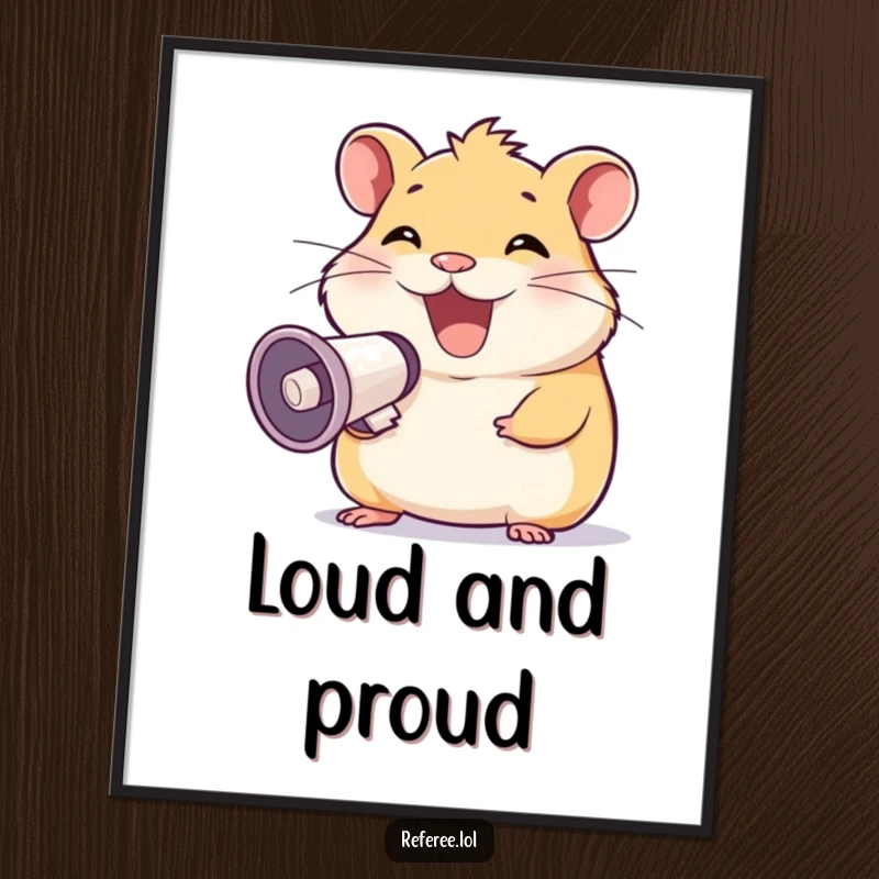 Funny digital art print of a happy hamster grinning and using a megaphone, providing instant humor and a great funny gift.