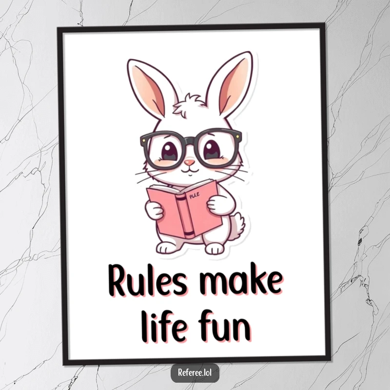 Funny digital art print of a shy bunny adjusting oversized glasses and holding a rule book, perfect for studious and gentle wall decor.