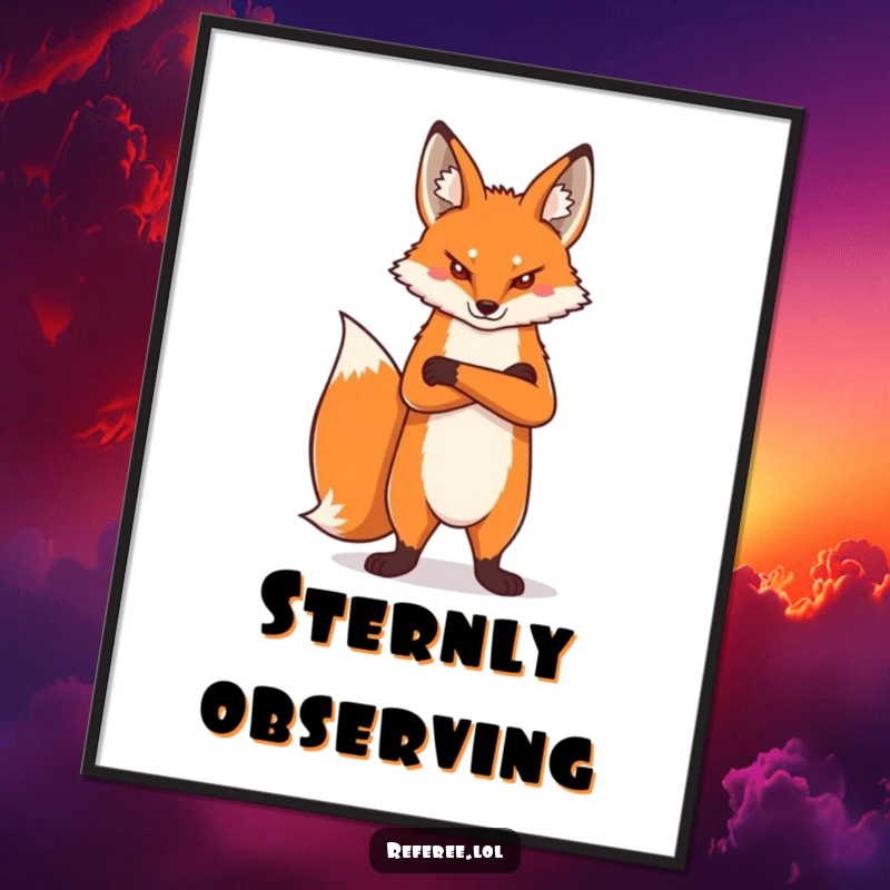 Funny proud fox standing tall, arms crossed, stern expression, delivered as a digital art print for instant humorous wall decor.