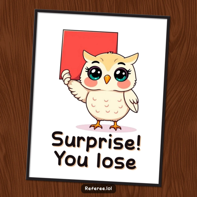 Funny surprised owl holding up a giant red card on a digital art print, for instant humorous authority.