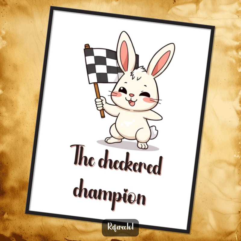 Funny bunny digital art print showing a triumphant rabbit furiously waving a checkered flag, bringing immediate energy and fun.