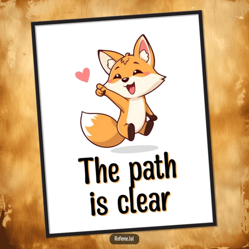 Funny digital art print of a bouncing fox enthusiastically pointing towards a goal, providing instant humor and a great funny gift.