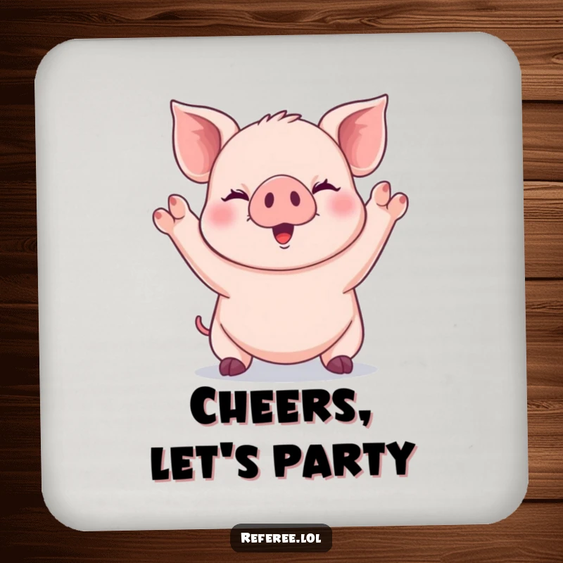 Funny giggling piglet signaling with both paws raised high on a drink coaster, preventing spills with joy.