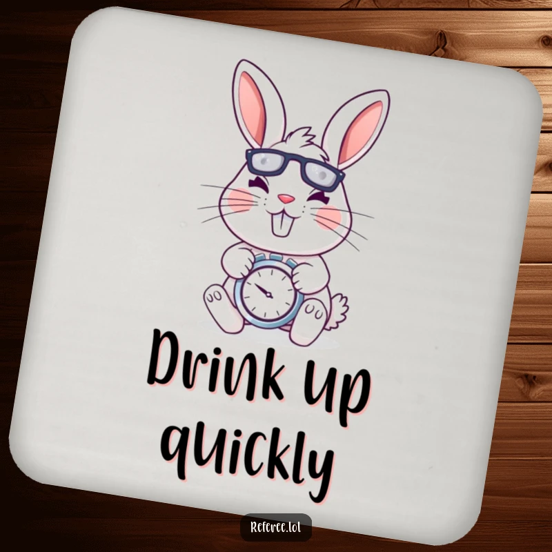 Funny drink coaster with a cheerful rabbit holding a stopwatch, looking determined and energetic, offering protection with humor.