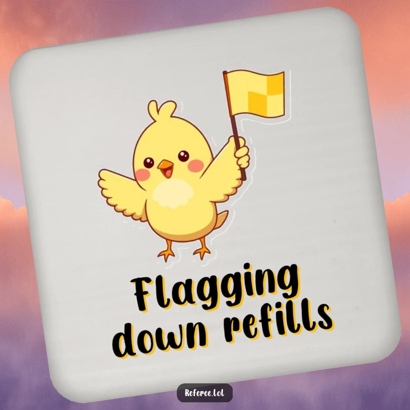 Funny coaster showcasing a cheerful bird waving a yellow checkered flag, adding a fun, racing element to drink protection.