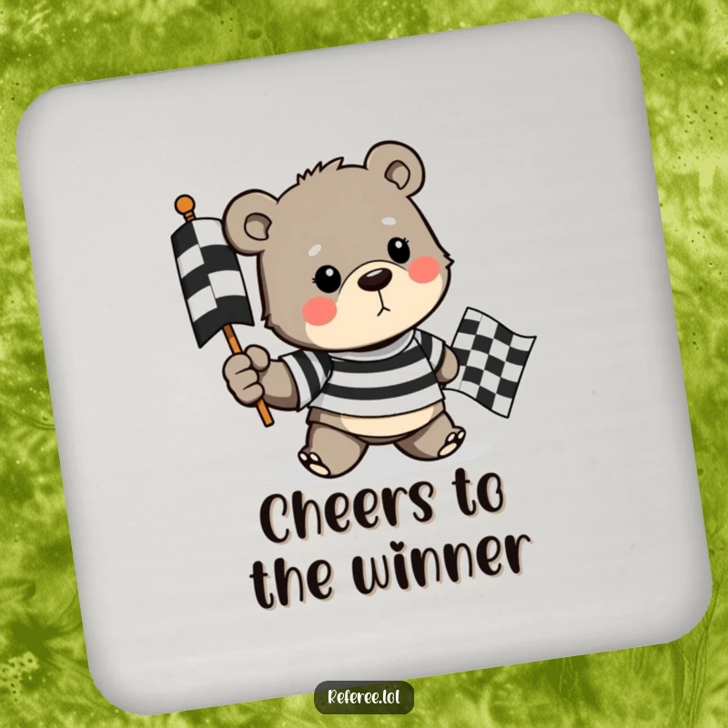 Funny drink coaster with a determined bear in a striped shirt holding a checkered flag, perfect for protecting surfaces with a racing theme.