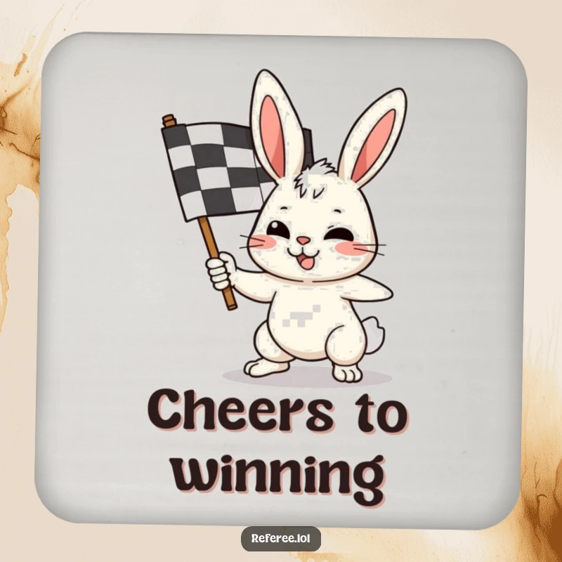 Funny bunny coaster depicting a determined rabbit waving a checkered flag, perfect for protecting surfaces with a smile.
