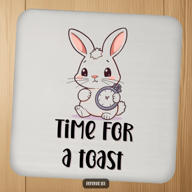 Funny bunny checking a stopwatch, adding a touch of focused humor to drink coasters.
