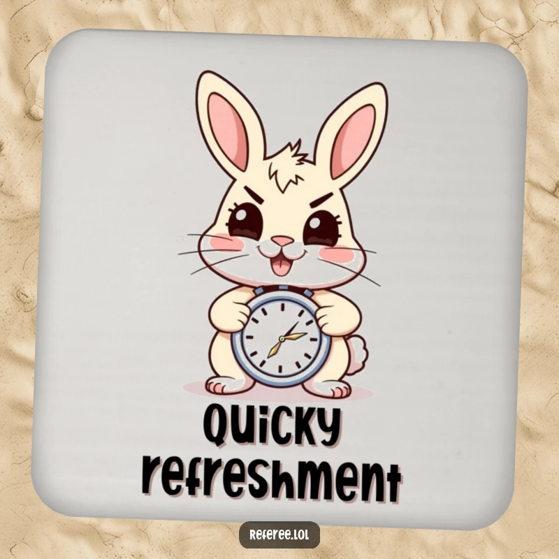 Funny drink coaster with a cheerful, energetic rabbit holding a stopwatch. Protects surfaces with humor, a great funny gift.