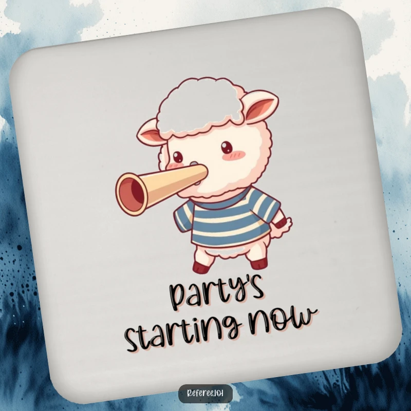 Funny sheep in a striped shirt blowing a giant whistle on a drink coaster, preventing spills humorously.