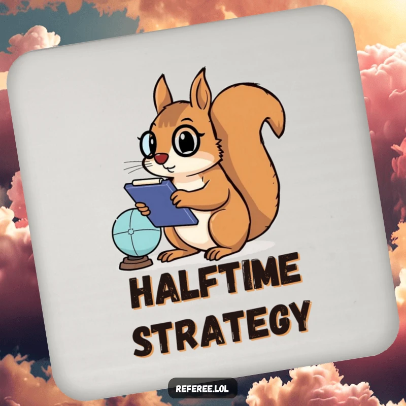 Funny drink coaster with a determined squirrel holding a clipboard, intently watching a game, offering humorous surface protection.