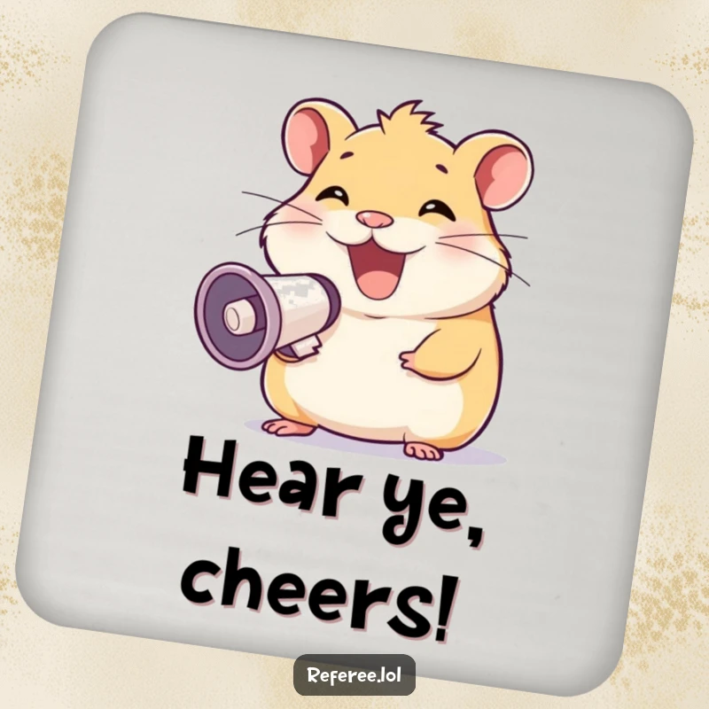 Funny coaster with a happy hamster grinning and using a megaphone, adding humor to tables, a great funny gift.