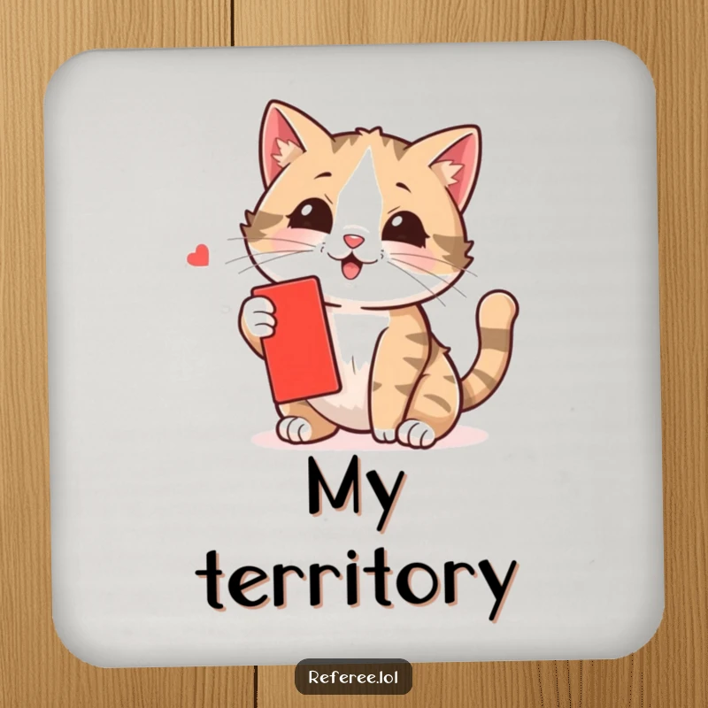 Funny cat coaster depicting a playful kitten attempting to swat a tiny red card, protecting surfaces with feline charm.