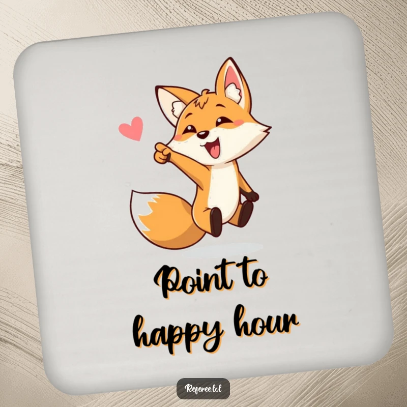 Funny coaster with a bouncing fox enthusiastically pointing towards a goal, adding humor to tables, a great funny gift.