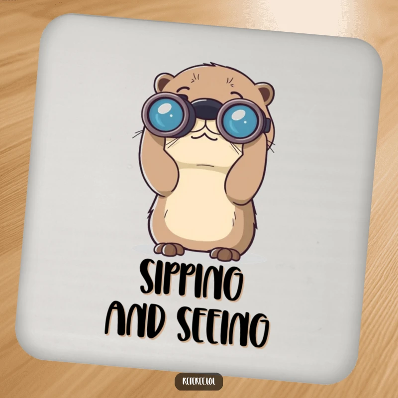 Funny drink coaster with a curious otter using large binoculars to look afar. Protects surfaces with humor, a great funny gift.