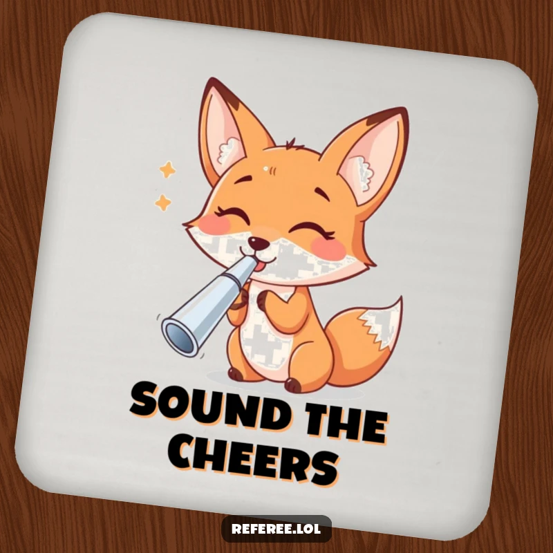 Funny cheerful fox blowing a shiny silver whistle, adding a note of playful cheer to drink coasters.