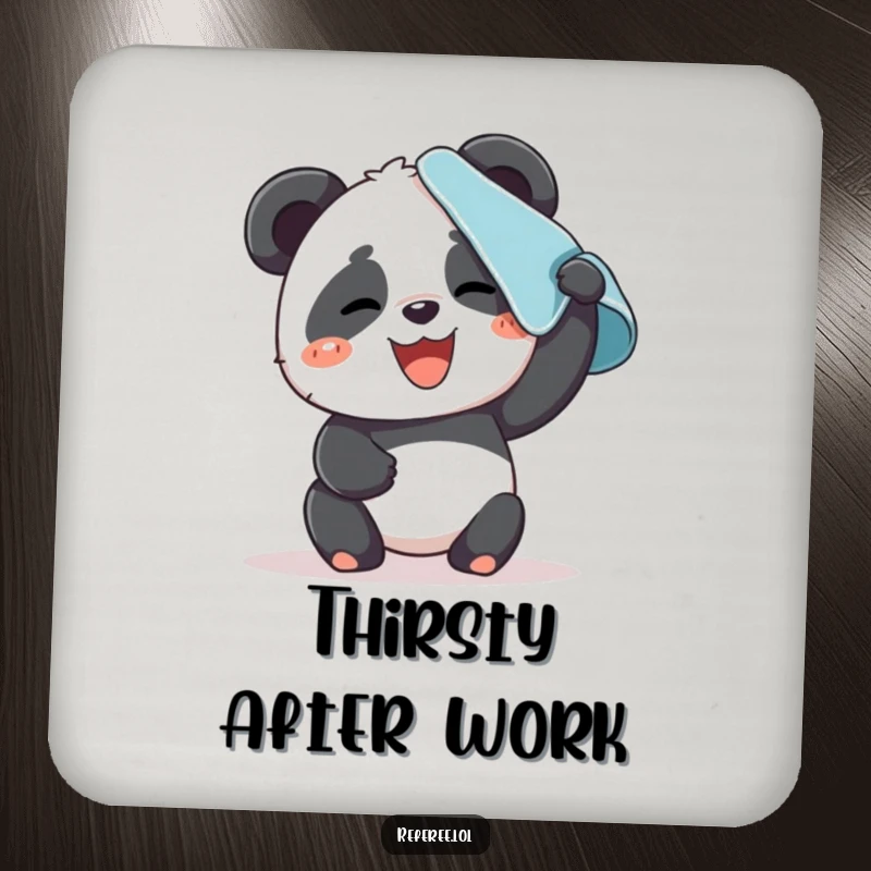 Funny drink coaster featuring a giggling panda character wiping sweat from its brow. Protects surfaces.