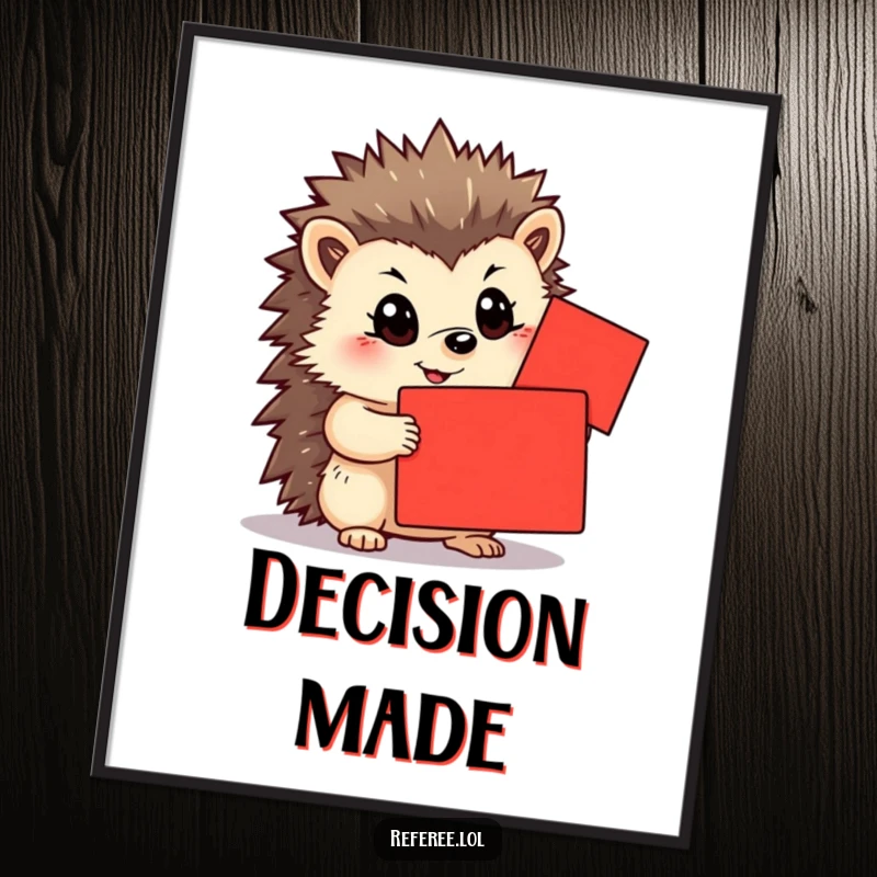 Funny poster showing a determined hedgehog holding a bright red card. Inspiring wall art and a perfect funny gift.