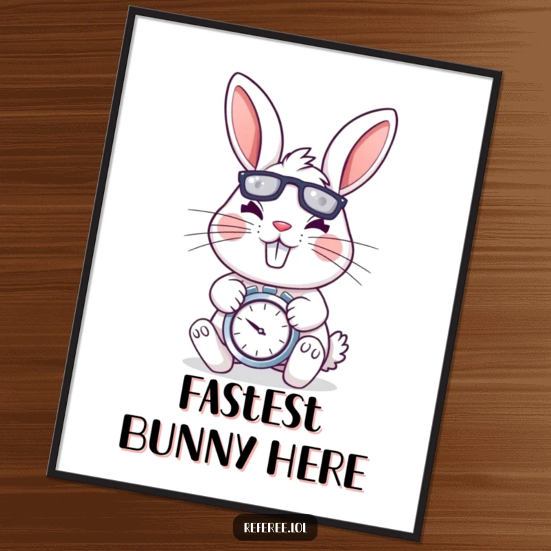 Funny poster art of a cheerful rabbit with a stopwatch, looking determined and energetic, adding playful humor to decor.