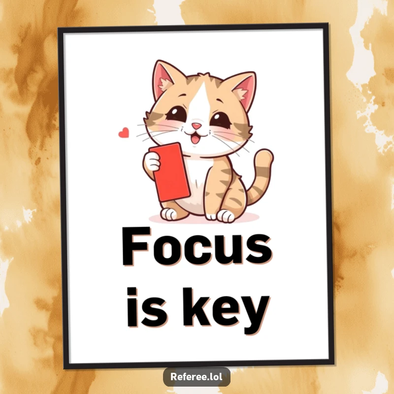 Funny cat poster depicting a curious kitten’s playful swat at a miniature red card, adding a touch of lightheartedness to any space.