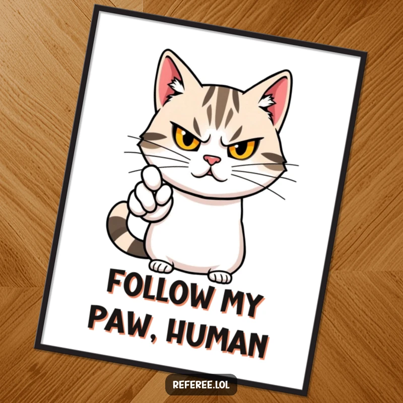 Funny poster artwork of a determined cat with a stern yet cute face, dramatically pointing with strong conviction.