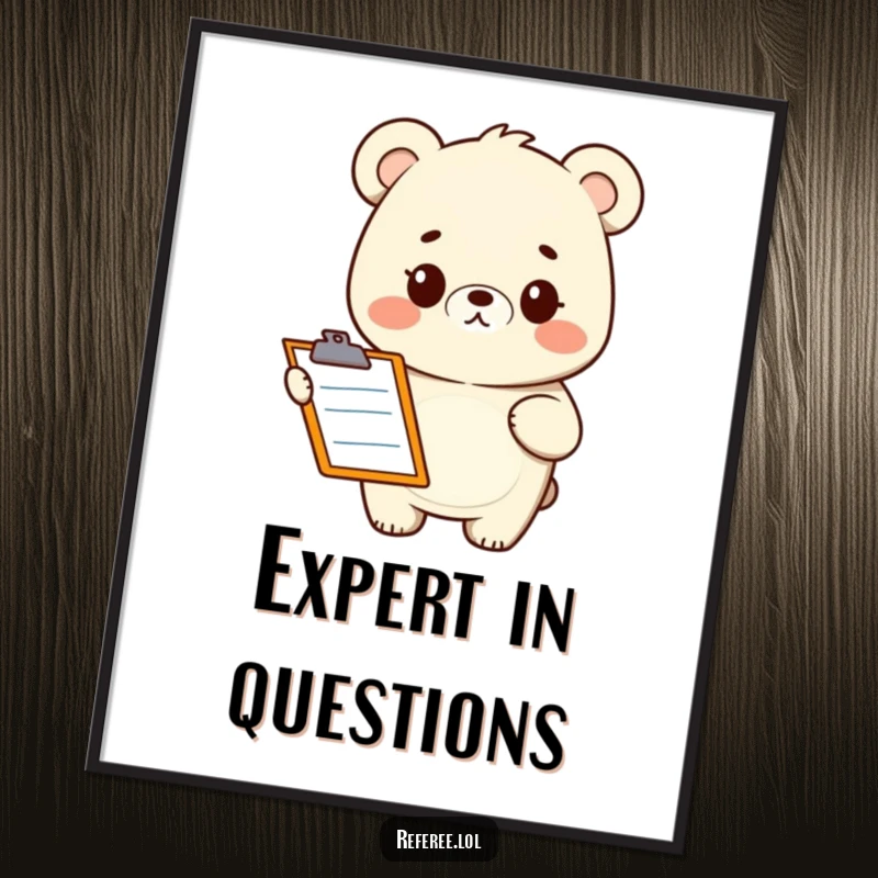 Funny poster art of a smiling bear holding a clipboard with a puzzled expression. Ideal humorous wall decor.