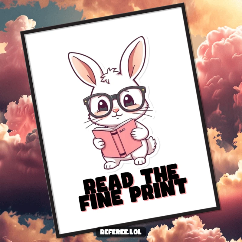 Funny poster featuring a shy bunny adjusting oversized glasses while holding a rule book, perfect for adding studious and gentle wall decor.