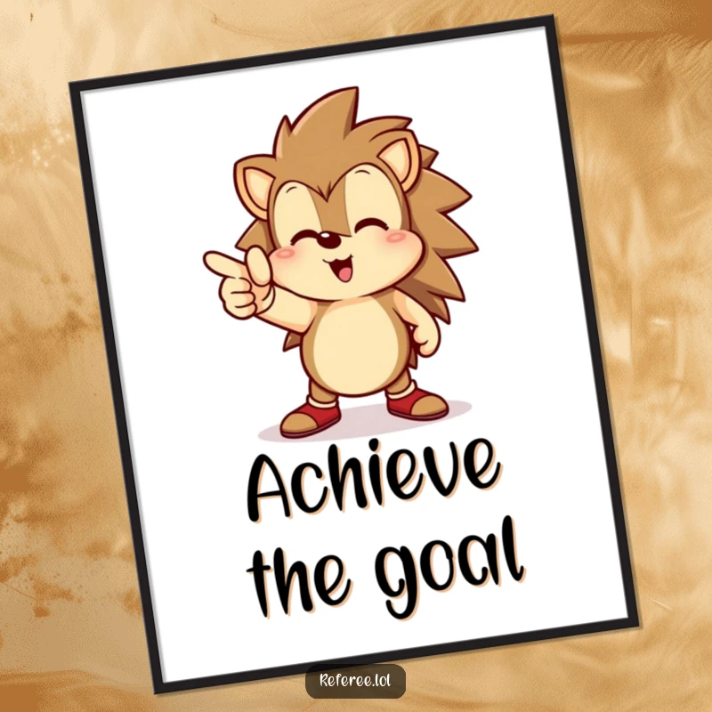 Funny hedgehog poster, with a determined look, powerfully pointing towards a goal line, inspiring focus.