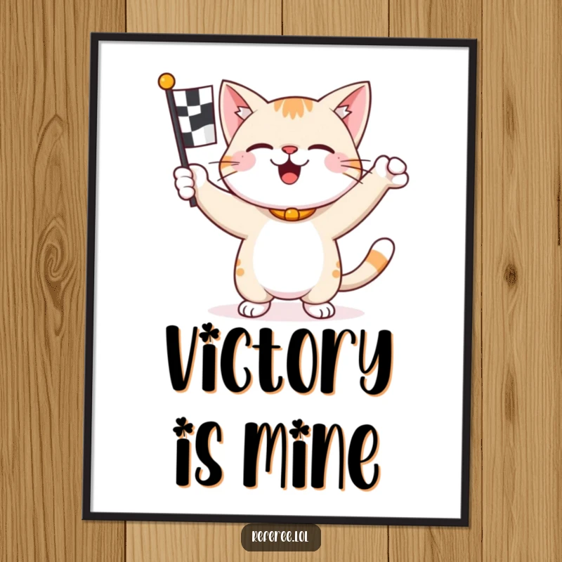 Funny happy cat enthusiastically waving a checkered flag on a poster, capturing the excitement of a race.