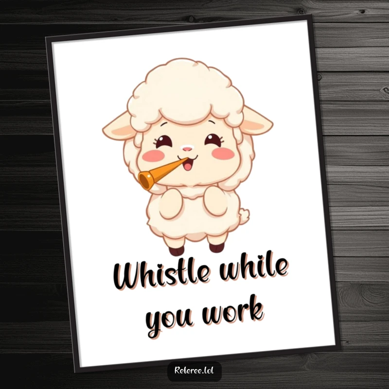 Funny poster artwork of a fluffy sheep with a joyful expression, blowing a loud whistle with great exuberance.