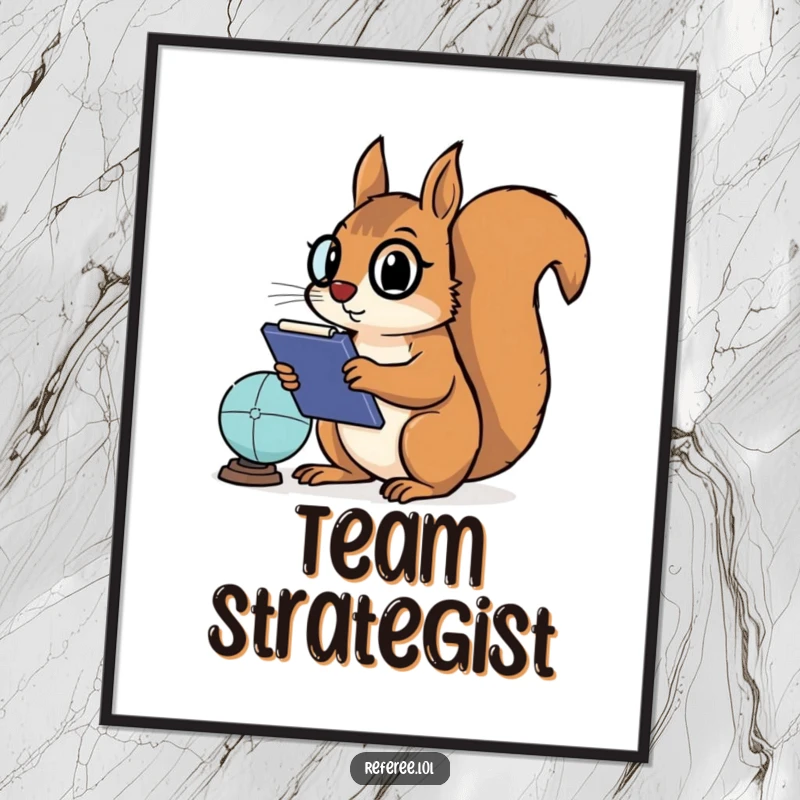 Funny poster of a determined squirrel holding a clipboard, intensely focused on a game, bringing strategic humor to home or office decor.