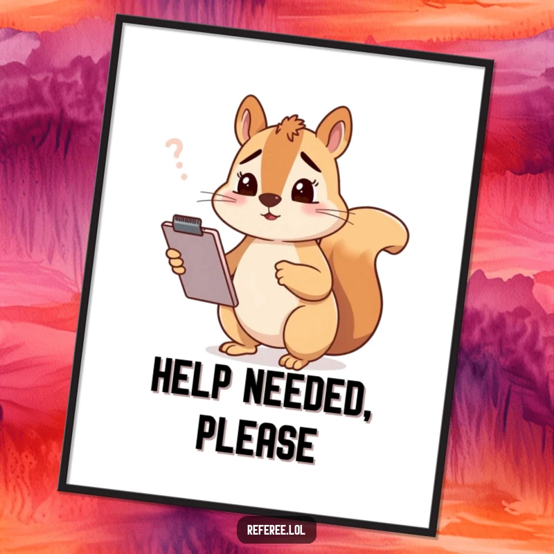 Funny squirrel holding a clipboard, looking confused, presented as a whimsical poster, perfect for funny gift decor.