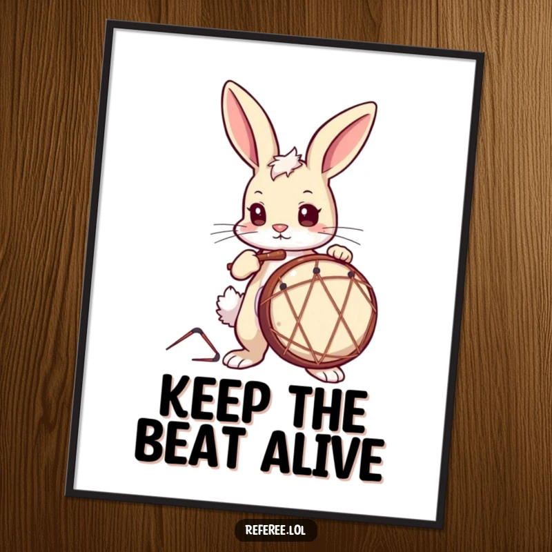 Funny Poster of a curious bunny with a determined expression, energetically drumming, a symbol of musical joy.
