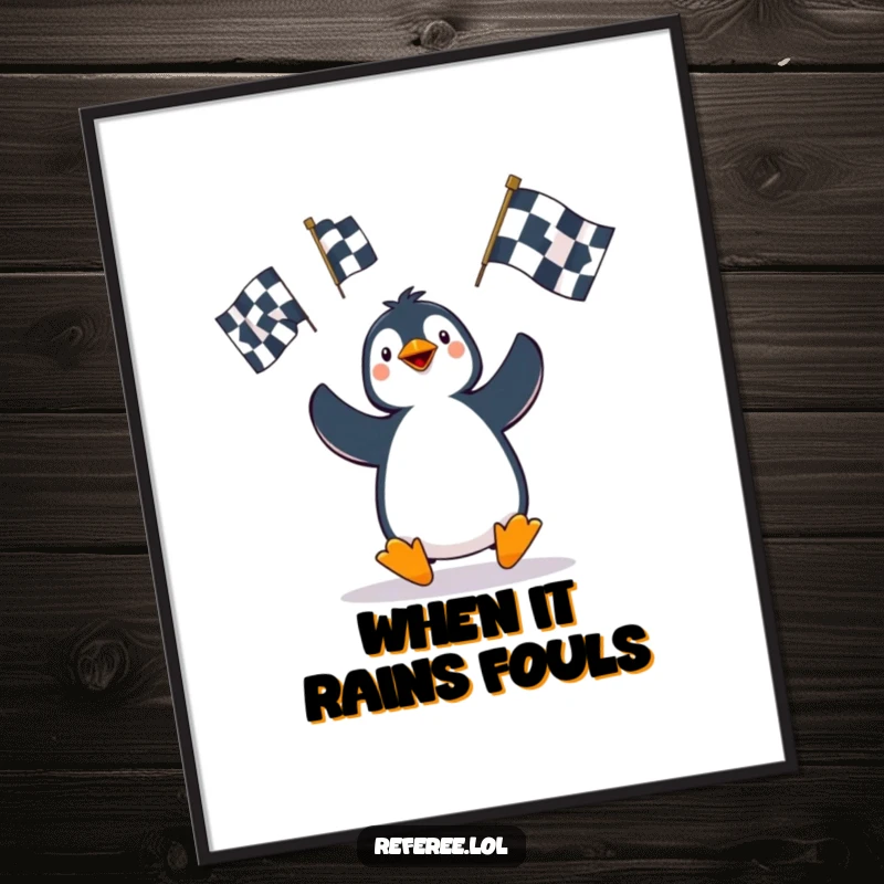 Funny Penguin Poster: A playful penguin character hilariously juggles three oversized penalty flags, creating a comical and eye-catching piece of art.