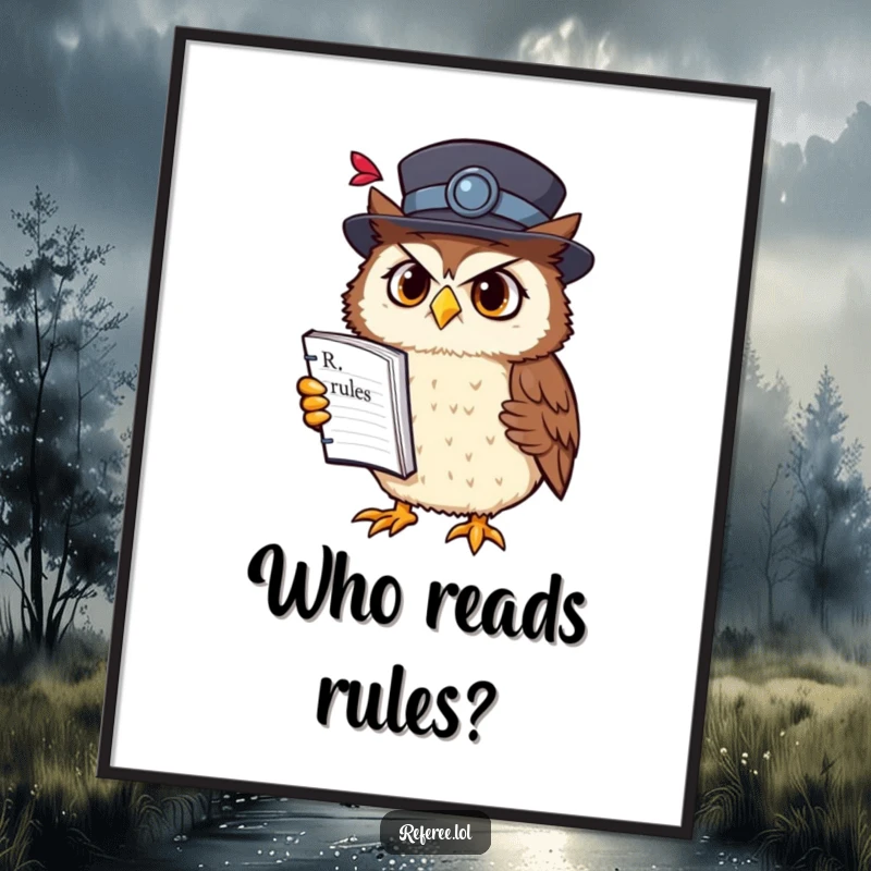 Funny owl professor poster showing a confused owl in a fancy hat holding a rulebook upside down, perfect for witty wall decor.