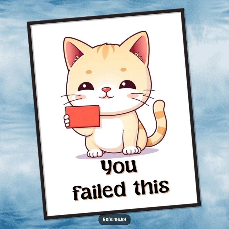 Funny cat red card poster featuring a chiding cat holding a tiny red card with a stern expression, perfect for cat-themed decor.