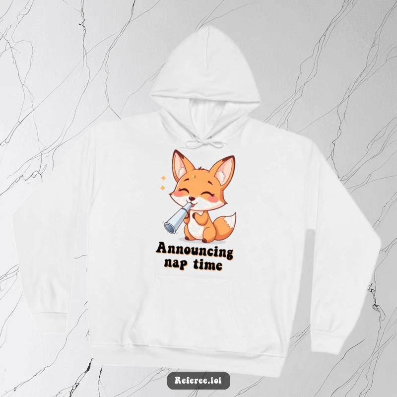 Funny cheerful fox blowing a shiny silver whistle, depicted on a warm and funny hoodie.