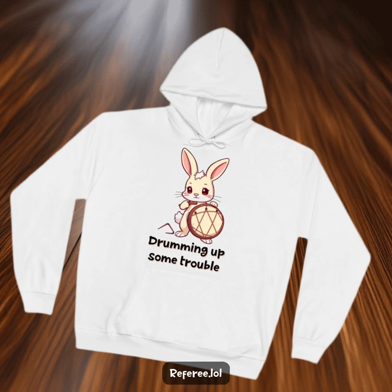 Funny Hoodie showing a curious bunny with a determined look, enthusiastically drumming, perfect for music lovers.