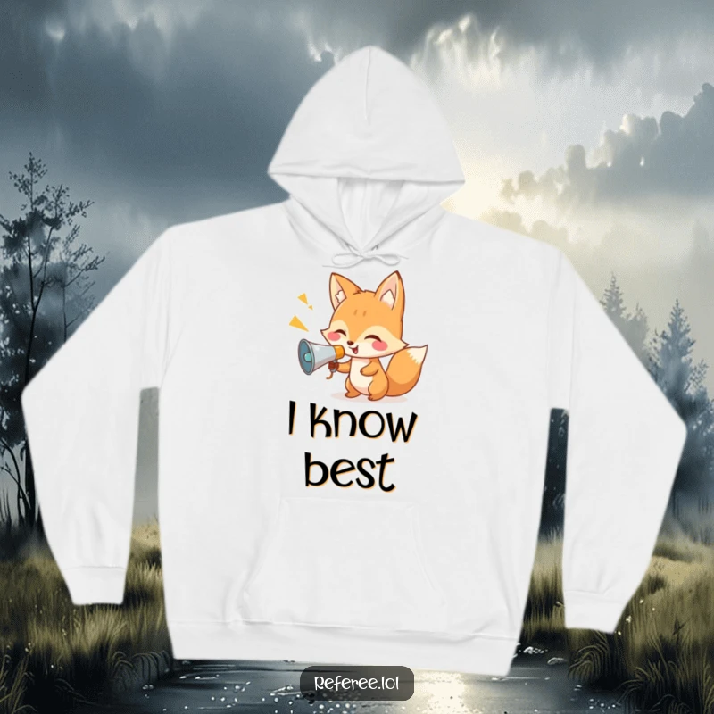 Funny fox megaphone design on a warm hoodie, perfect for those who appreciate comfortable and humorous apparel.