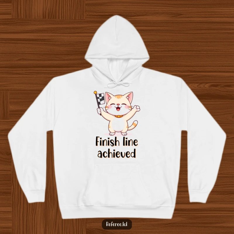 Funny happy cat enthusiastically waving a checkered flag on a hoodie, ready for the winner's circle.