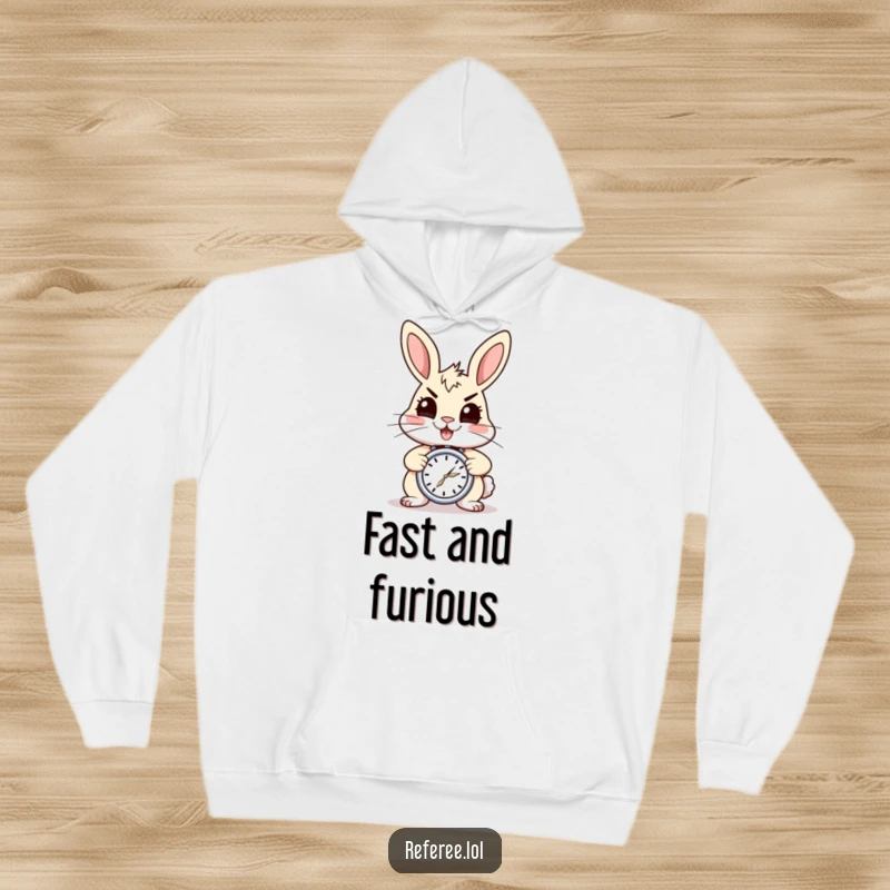 Funny hoodie depicting a cheerful rabbit with a stopwatch, ready for action. Cozy, energetic, and a great funny gift.