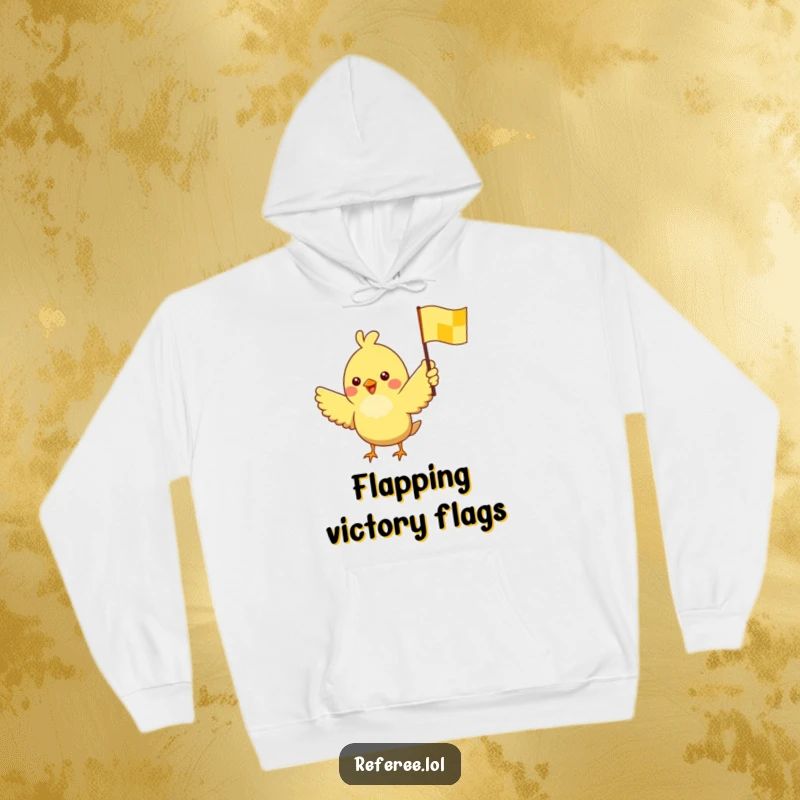 Funny hoodie with a cheerful bird enthusiastically waving a yellow checkered flag, radiating excitement and a love for racing.