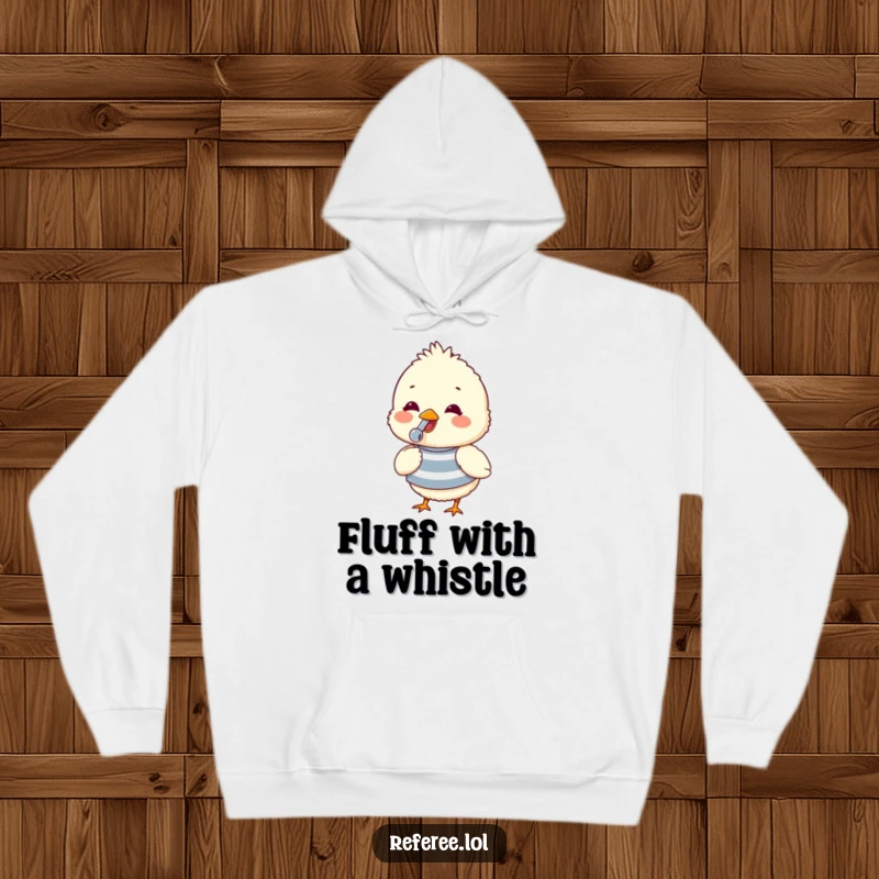 Funny hoodie featuring a fluffy chick in a striped shirt, happily blowing a whistle, offering warmth and cheerful cuteness.