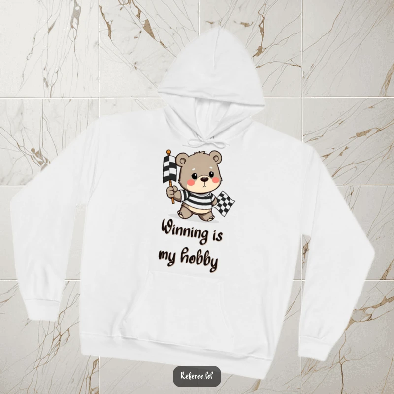 Funny hoodie with a determined bear in a striped shirt holding a checkered flag, offering warmth and a victorious vibe.