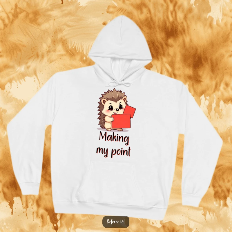Funny hoodie depicting a determined hedgehog holding a vibrant red card. Cozy, motivational, and a great funny gift.