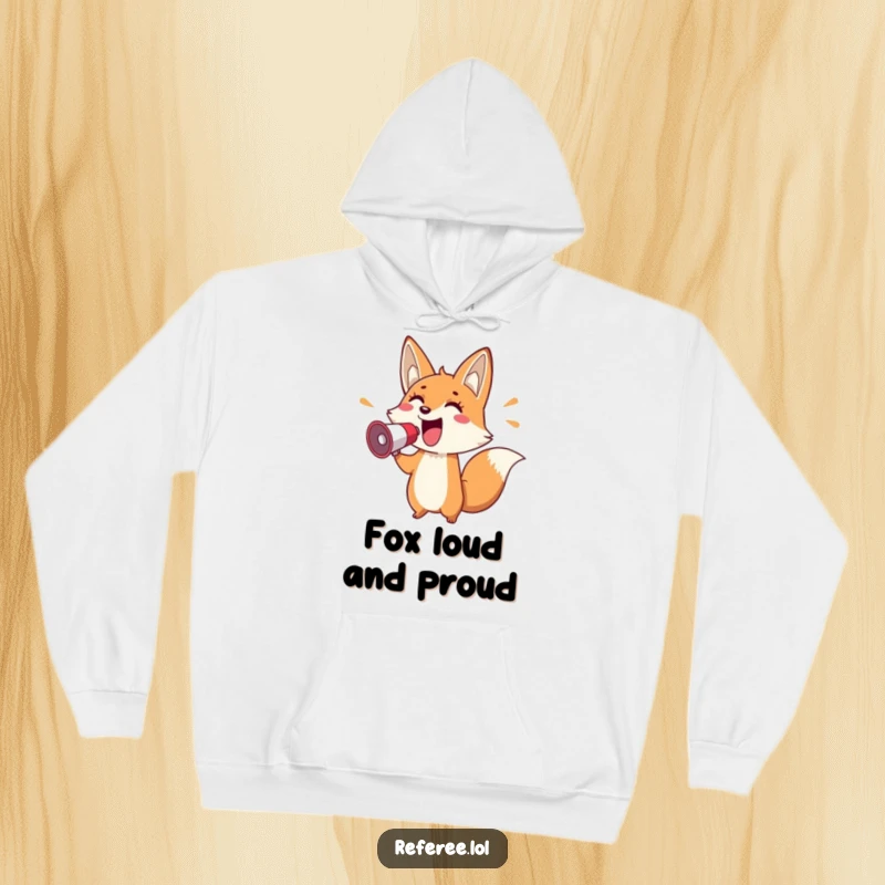 Funny hoodie featuring a cheerful fox holding a megaphone and pointing enthusiastically, offering cozy comfort and bold humor.